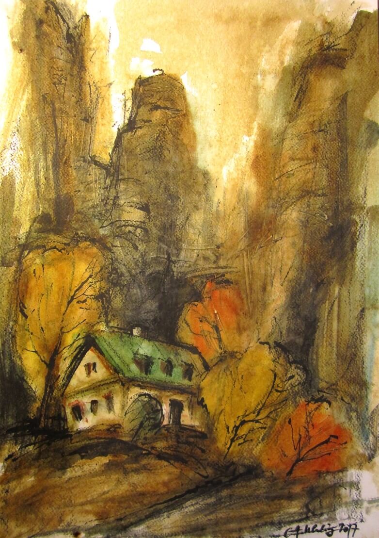 Landschaftsbild in Erdtönen mit einem Haus im Wald. 